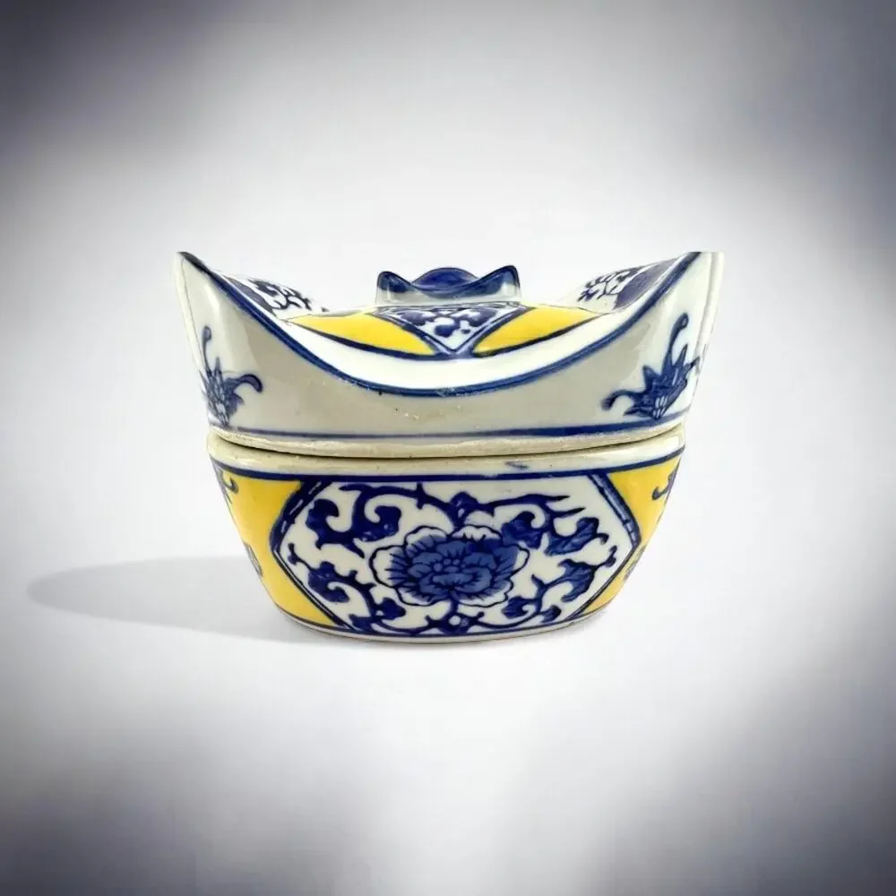Chinese Vintage 1950s White, Yellow, and Blue Lucky Ingots Shaped Porcelain Box
